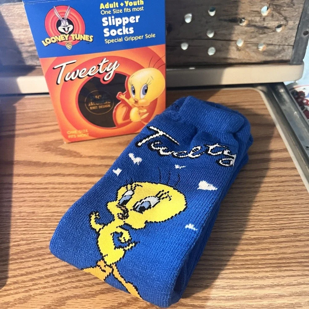 Vintage Looney Tunes TWEETY Blue Slipper Socks Warner Bros. Novelty Cartoon 1997